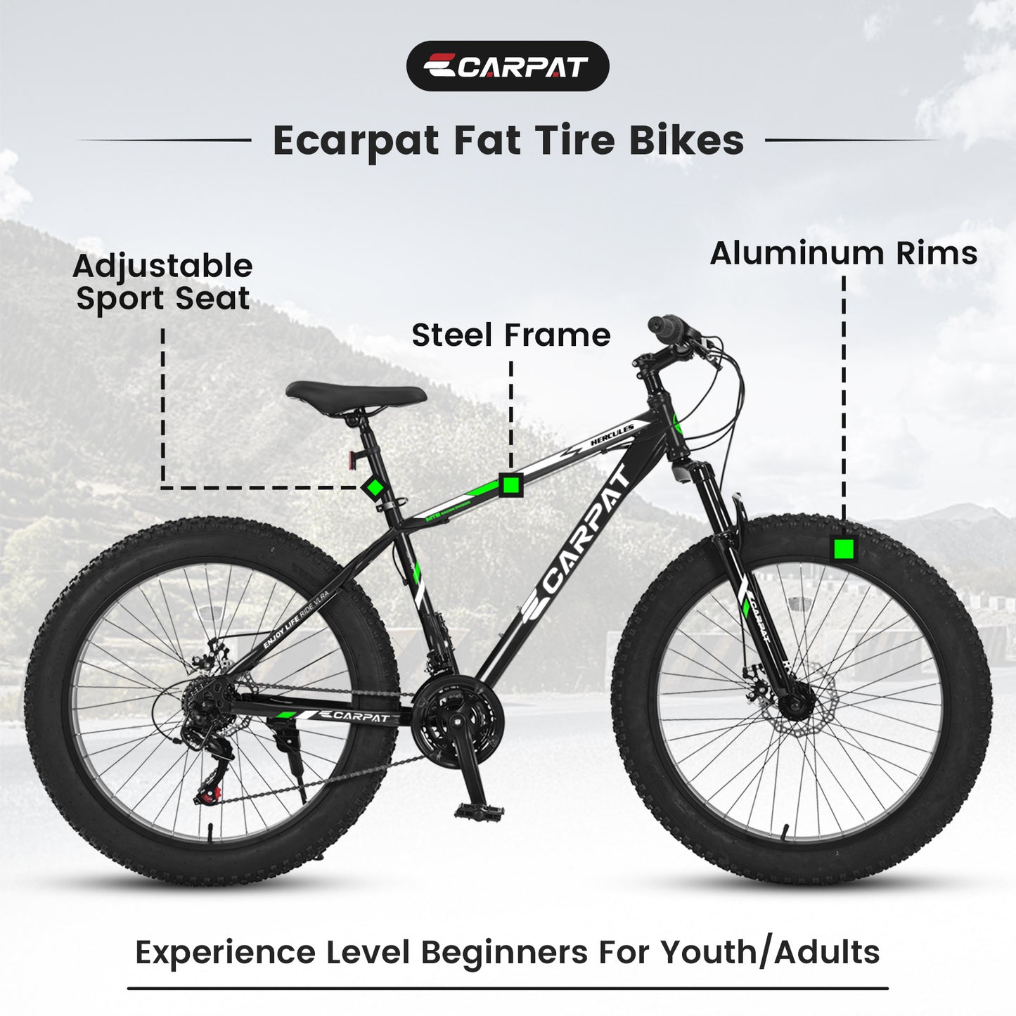 26" Fat Tire Mountain Bike – 21-Speed Shimano, Dual Disc Brakes (All-Terrain)