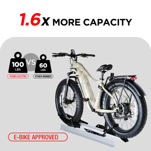 1-Bike Hitch E-bike Rack with Ramp, Folding Single Electric Bike Carrier, 100 LBS Capacity, Fits 2'' Receiver