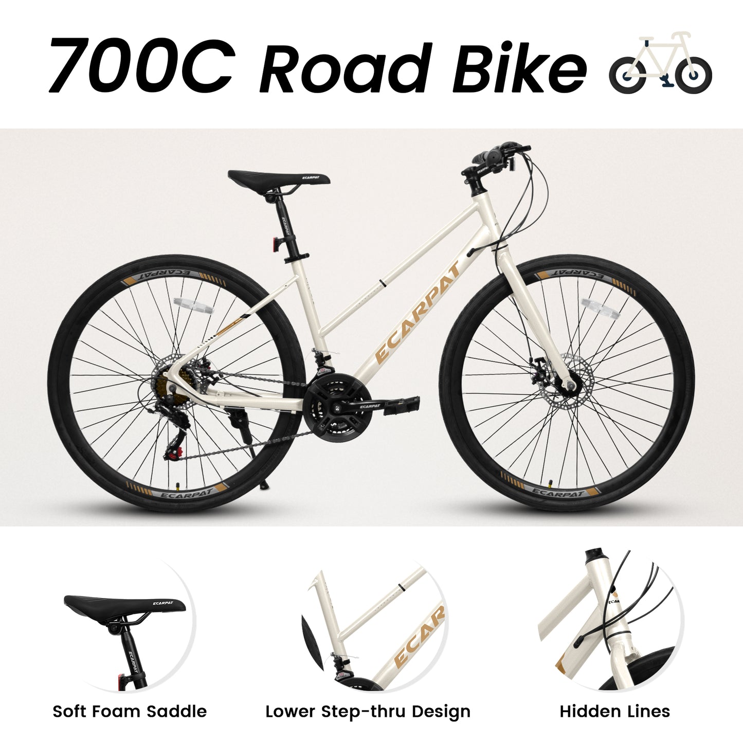 Road Bike – UrbanRide 700C | 21-Speed | Disc Brakes | Cream