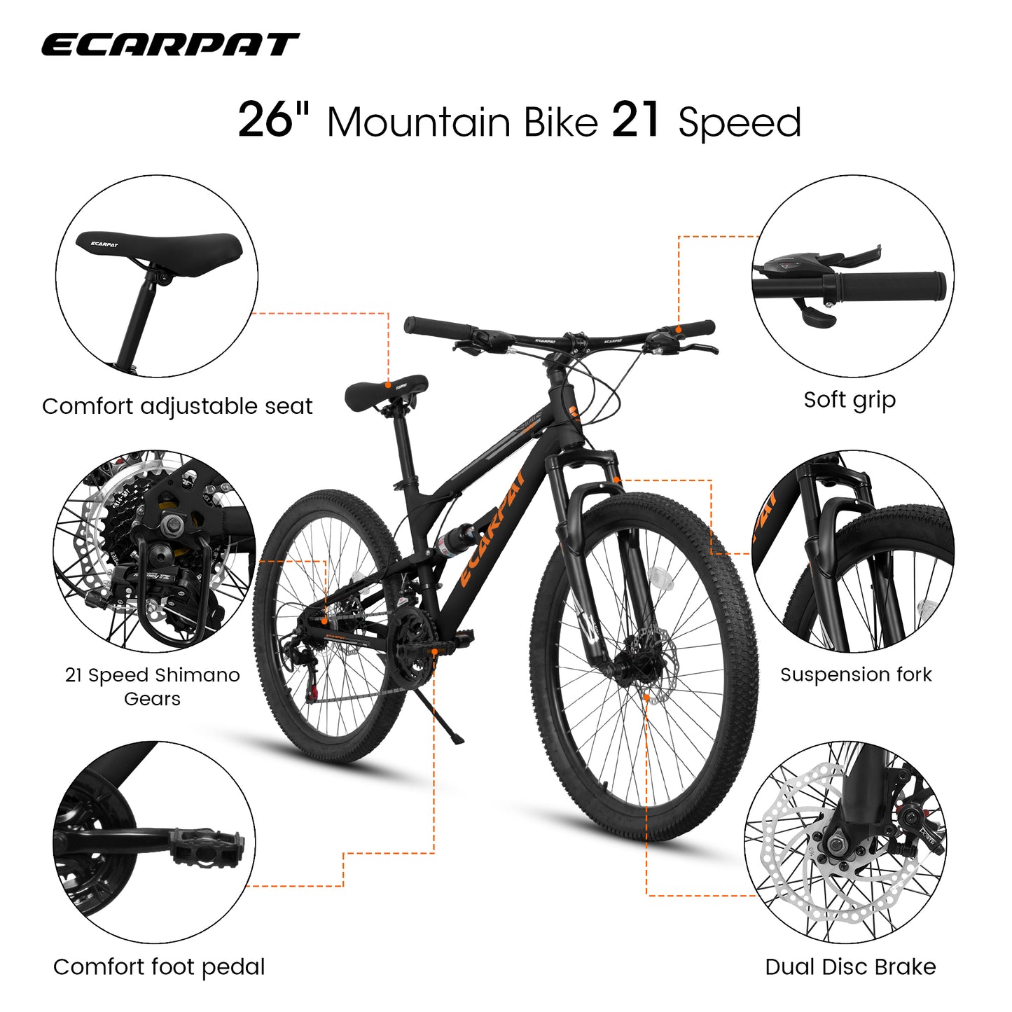Mountain Bike – RidgeLine 26” | Hardtail | 21-Speed | Black-Orange