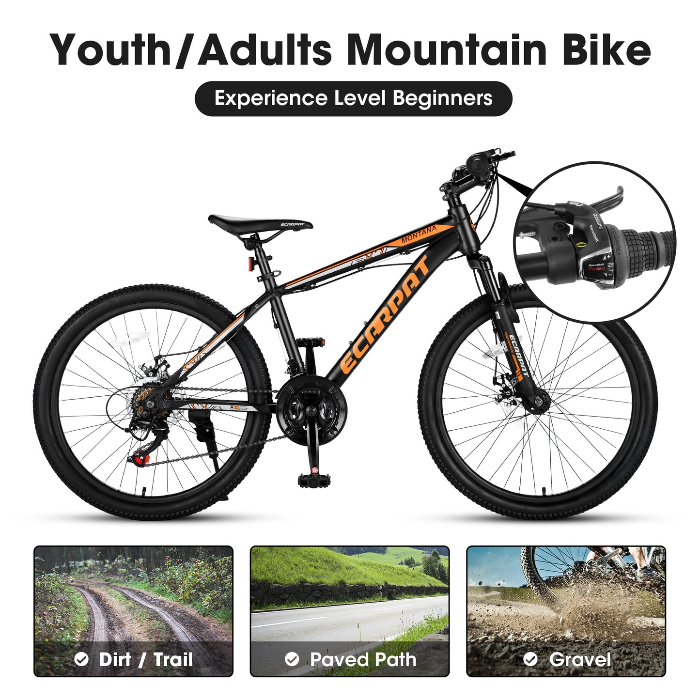26" Trail Bike – Dual Disc Brakes, Front Suspension (Black / Orange)