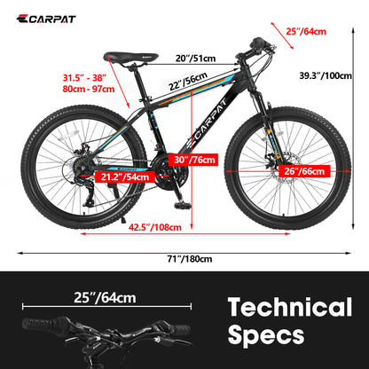 26" Mountain Bike – 21-Speed Shimano, Dual Disc Brakes (Black / Blue)