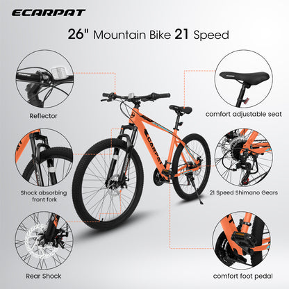 26" Aluminum Frame Mountain Bike – 21-Speed Disc Brake, Front Suspension